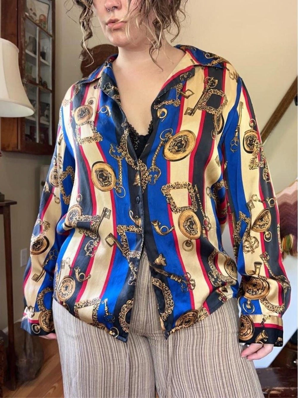 Vintage Y2K Gold Baroque Print Silk Blouse Button up Gallery Frame Locket Key